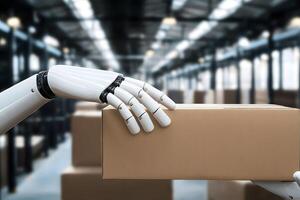Robotic Arm Handling Cardboard Box in Modern Warehouse Automated Logistics Efficiency photo