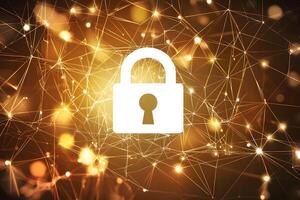 Secure Network Data Protection Digital Padlock on Golden Abstract Background photo