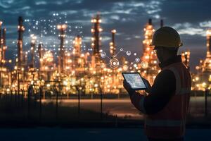 Industrial Worker Using Tablet Night Refinery Smart Technology Data Analysis photo