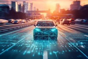 Autonomous Vehicle Driving on City Highway Futuristic Smart Car Technology photo
