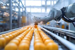 Automated Robotic Arm Sorting and Processing Oranges on Conveyor Belt in Modern Factory photo