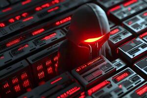 Futuristic Hacker in Hooded Jacket Amidst Glowing Red Servers Cybersecurity Concept photo