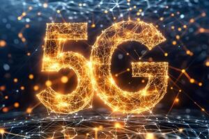 Futuristic 5G Network Connection Abstract Golden Plexus Digital Technology Wireless Communication photo