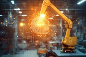 Advanced Robotic Arm in Smart Factory with Futuristic Interface and Data Visualization photo