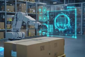 Robotic Arm Interacting with Holographic Interface in Warehouse Automation photo