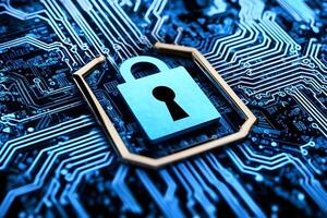 Digital Security Concept Padlock Icon on Circuit Board Representing Data Protection and photo