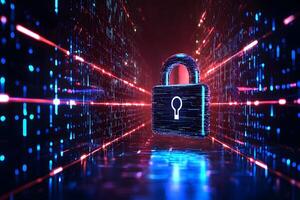 Digital Security Cyber Lock in Neon Data Stream Futuristic Abstract Concept photo