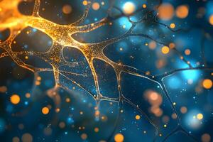 Abstract Neural Network Glowing Golden Neuron Branches on Deep Blue Background photo