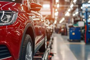 Red SUV Automobile on Assembly Line Modern Car Manufacturing Plant photo