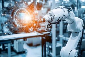 Advanced Robotic Arm in Modern Factory with Futuristic Digital Overlay Automation Technology photo