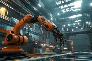 Futuristic Orange Robotic Arm in Modern Factory Setting Automation Technology photo