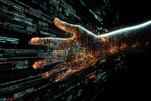 Futuristic Digital Hand Reaching Through Binary Code Stream Abstract Technology Concept photo