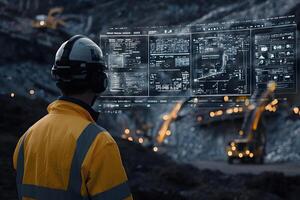 Mining Engineer Reviewing Digital Mine Data on Holographic Display photo