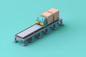 Automated Package Sorting System Conveyor Belt with Cardboard Boxes on Teal Background photo
