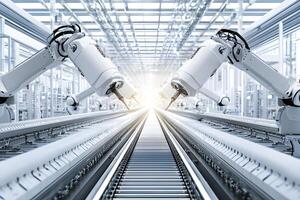 Automated Industrial Robotics System Modern Factory Assembly Line with Robotic Arms photo
