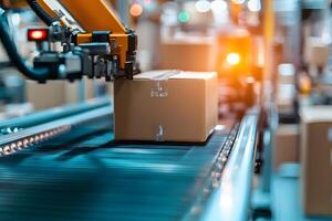 Automated robotic arm sorting cardboard boxes on a conveyor belt in a warehouse photo