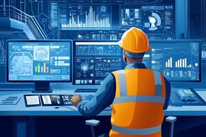 Industrial Worker Monitoring Data on Multiple Screens in Control Room photo