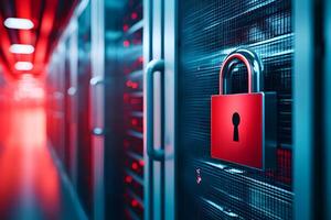 Secure Data Center Server Room with Red Padlock Cyber Security Concept photo