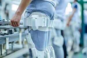 Industrial Worker Wearing Advanced Exoskeleton Support System in Factory Setting photo