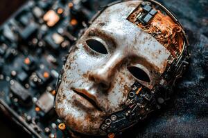 Weathered Robotic Face Mask with Exposed Circuitry on Dark Background photo