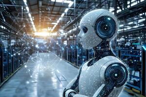 Advanced AI Robot in Smart Factory Futuristic Technology Networked Automation photo