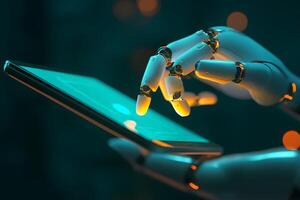 Robotic Hand Using Futuristic Tablet AI Technology Digital Innovation Concept photo