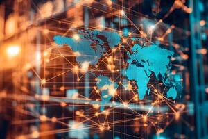 Global Network Connections Digital World Map with Illuminated Nodes and Lines photo