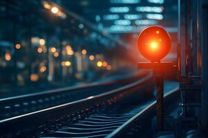 Illuminated Railway Signal at Night Train Tracks Railroad Crossing Red Light Transportation photo