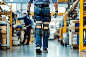 Industrial Worker Walking with Advanced Exoskeleton Legs in Factory Setting photo