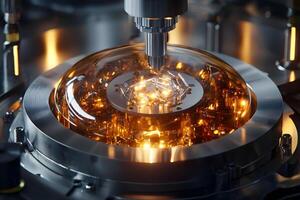 High tech Precision Manufacturing Close up of Automated Assembly Process with Illuminated Components photo