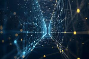 Abstract Digital Network Corridor Futuristic Technology Background with Glowing Nodes and Lines photo