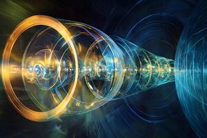 Abstract Futuristic Energy Flow Glowing Cylinders and Circular Lights in a Tunnel of Light photo