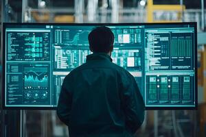 Engineer Analyzing Data on Large Multi Screen Display in Industrial Setting photo