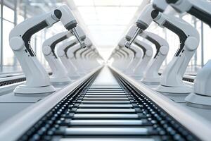 Futuristic Automated Production Line with Robotic Arms and Conveyor Belt System in Modern Factory photo