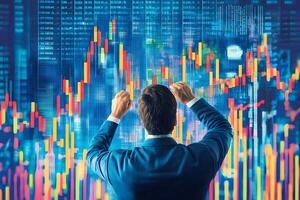 Businessman Analyzing Stock Market Data on Huge Interactive Screen Displaying Financial Charts and photo