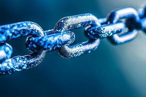 Close up Detailed Shot of a Blue Metal Chain Interlocking Links Strength and Connection Concept photo