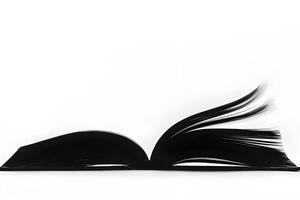 Open Black Book Pages Flowing Dynamically on White Background Abstract Knowledge Concept photo