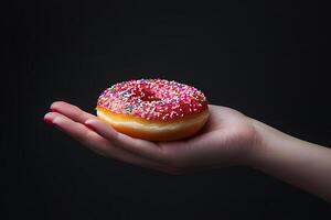 Delicious Pink Sprinkle Donut Held in a Woman s Hand Against a Dark Background photo