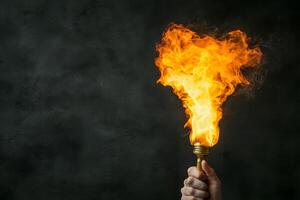Fiery Torch Held in Hand Against Dark Background Dramatic Flame Image photo