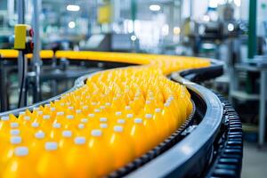 Automated Bottling Line Rows of Yellow Juice Bottles on Conveyor Belt in Modern Factory photo