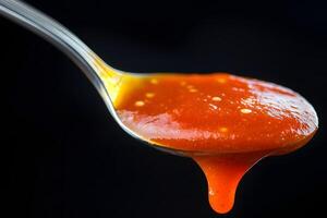 Close up of Delicious Red Sauce Dripping from a Spoon Culinary Photography photo