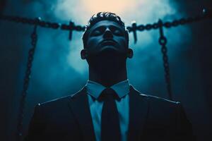 Mysterious Man in Suit Eyes Closed Chains Background Blue Tone Dramatic Portrait photo