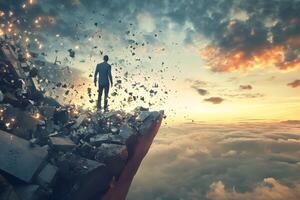Man Standing on Crumbling Cliff Edge Dramatic Sunset Sky Overcoming Obstacles Concept photo