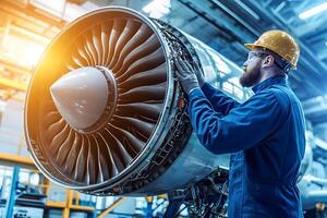 Aircraft Engine Maintenance Technician Inspecting Turbine Jet Engine in Hangar photo