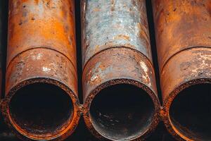 Close up of Three Rusty Metal Pipes Industrial Texture Corrosion Detail photo