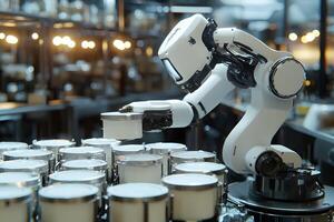 Automated Robotic Arm Handling Containers in Modern Factory Setting photo