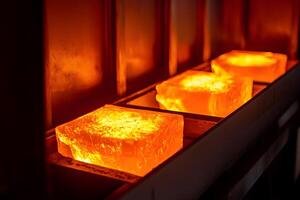 Glowing Hot Metal Ingots on Conveyor Belt in Factory Industrial Manufacturing Process photo