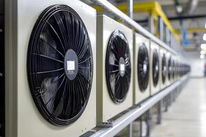 Industrial HVAC System Row of Air Conditioning Units with Large Fans for Commercial Building Cooling photo