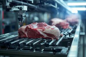 Automated Meat Processing Line Close up of Raw Beef on Conveyor Belt photo