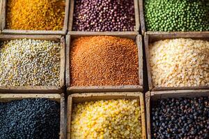 Diverse Collection of Grains and Legumes in Wooden Boxes Healthy Food Variety of Seeds photo
